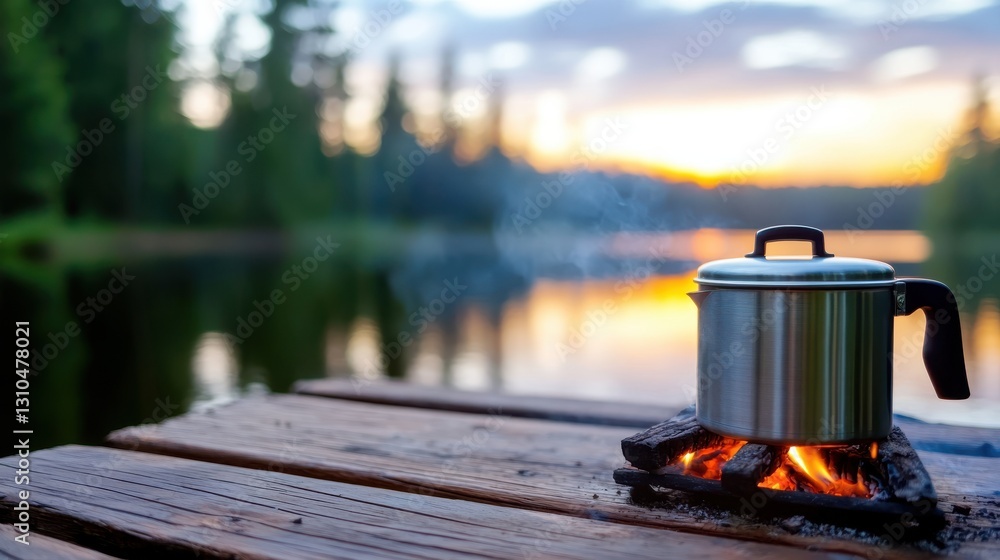 Evening kettle boils over an open fire by the serene lakeside Evening kettle boils over an open fire by the serene lakeside