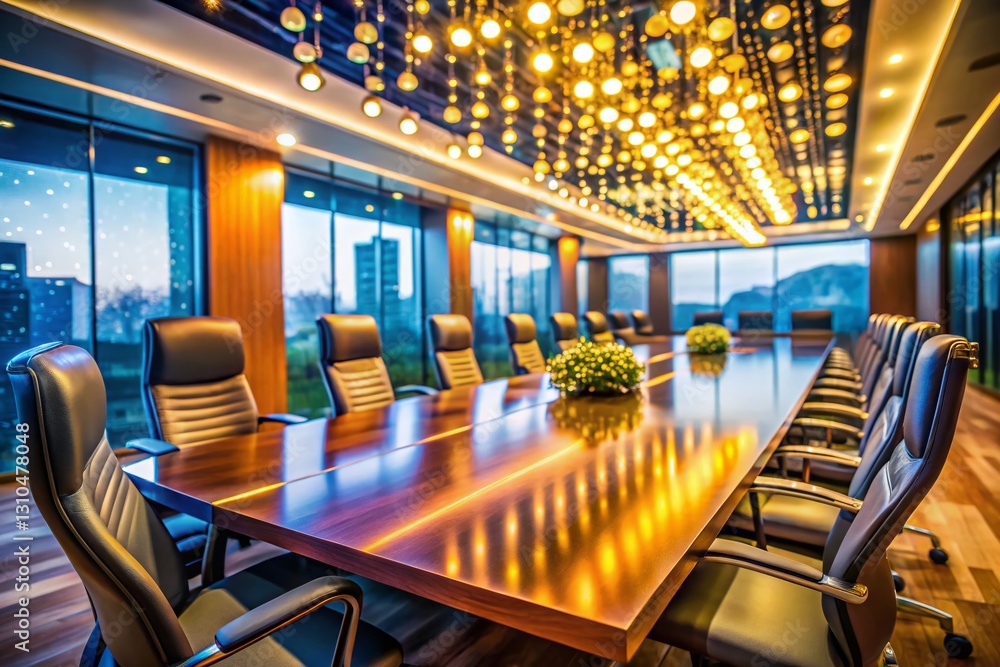 Fototapeta premium Empty Modern Conference Room, Bokeh Lights, Business Meeting Hall, Corporate Interior
