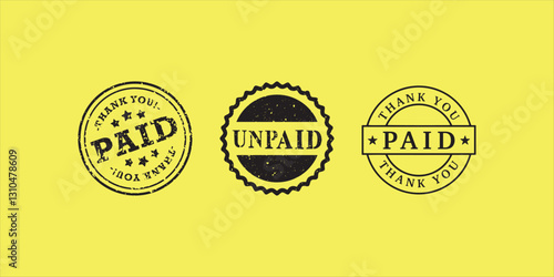 A collection of black stamp designs, featuring 'paid' and 'unpaid' labels. Payment Confirmation and Thank You Message. Black stamps, vector set.