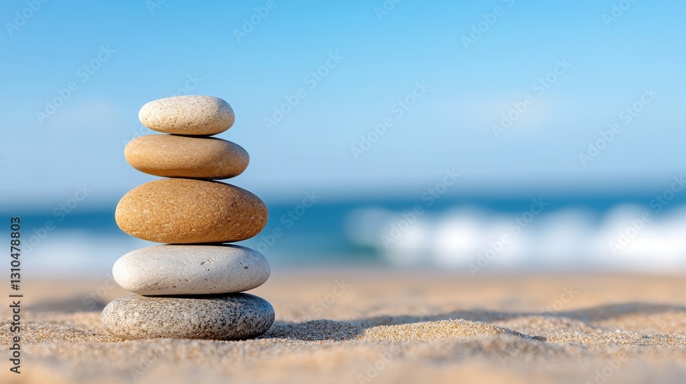 Creating harmony with stacked stones on a tranquil beach at sunrise Creating harmony with stacked stones on a tranquil beach at sunrise