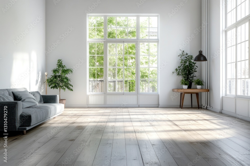 Bright minimalist living room with large windows and hardwood floor. Bright minimalist living room with large windows and hardwood floor.