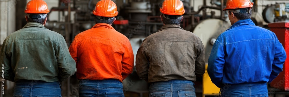 Four male workers of diverse ethnic backgrounds, aged approximately 30-50, wearing safety helmets and colorful jackets, facing machinery in an industrial workshop setting. Four male workers of diverse ethnic backgrounds, aged approximately 30-50, wearing safety helmets and colorful jackets, facing machinery in an industrial workshop setting.
