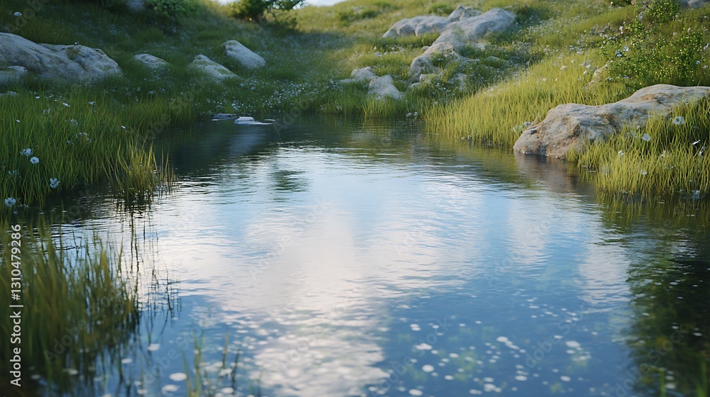 Serene mountain stream reflecting sky Serene mountain stream reflecting sky