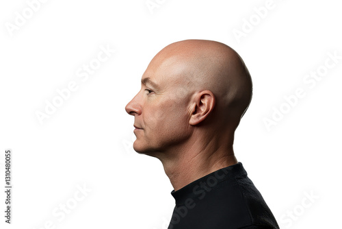 Profile view of a bald man showcasing his features against a plain background