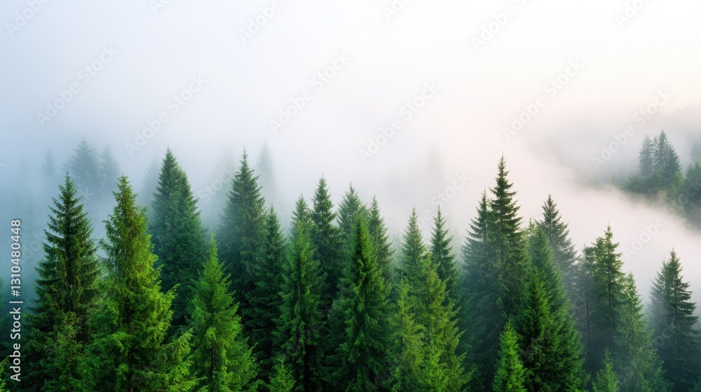 Misty fir forest emerges softly in a nostalgic vintage atmosphere Misty fir forest emerges softly in a nostalgic vintage atmosphere