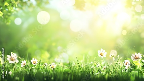 beautiful blurred spring background with green meadow and sunlight