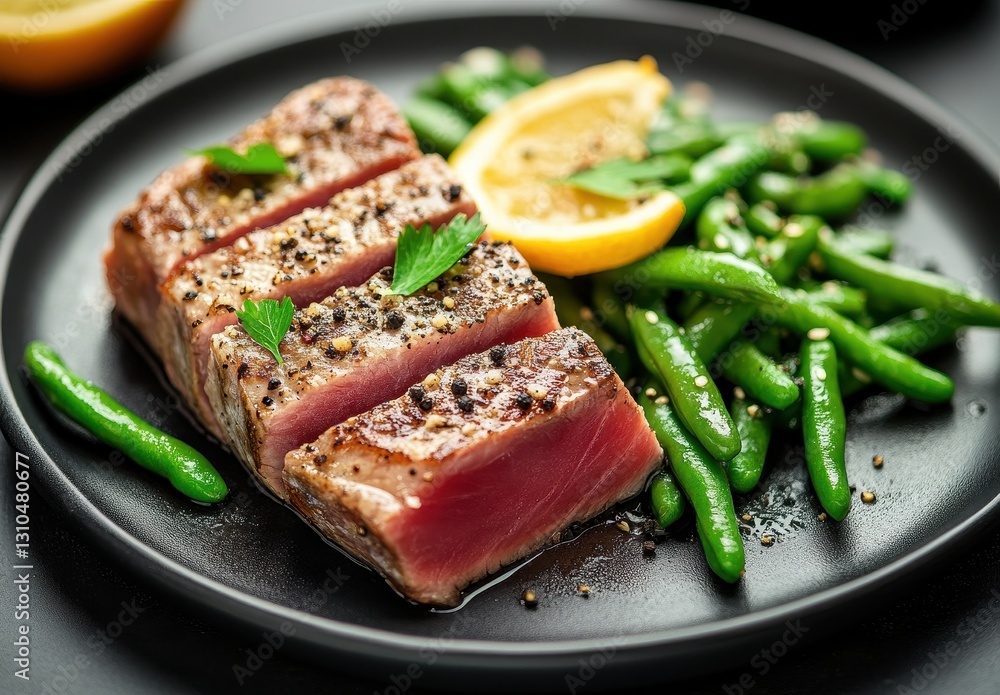 Grilled Tuna Steak with Green Beans and Lemon Garnish Served on a Black Plate for a Gourmet Dining Experience in Fine Cuisine Grilled Tuna Steak with Green Beans and Lemon Garnish Served on a Black Plate for a Gourmet Dining Experience in Fine Cuisine