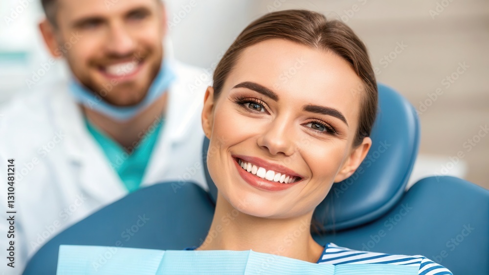 Fototapeta premium Dentistry dental care concept. Smiling woman in dental chair with a dentist in the background, showcasing a positive dental experience.