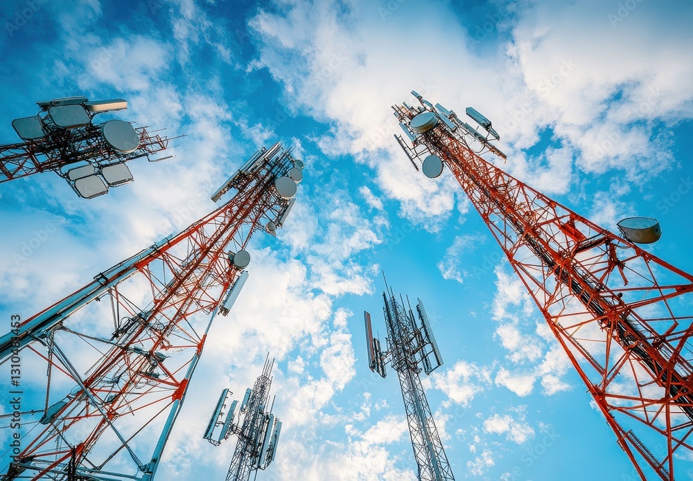 High Angle View of Communication Towers Against Blue Sky with Clouds in Daylight, Technology Infrastructure for Mobile Network Connectivity and Signal Transmission High Angle View of Communication Towers Against Blue Sky with Clouds in Daylight, Technology Infrastructure for Mobile Network Connectivity and Signal Transmission