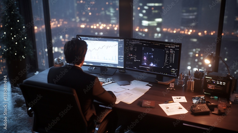 Night trader works at desk overlooking city Night trader works at desk overlooking city