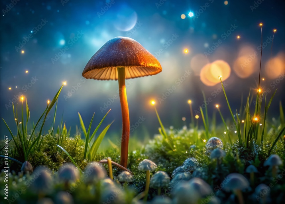 Fototapeta premium Enchanting Night Photo of Psilocybe Semilanceata Mushroom in Meadow