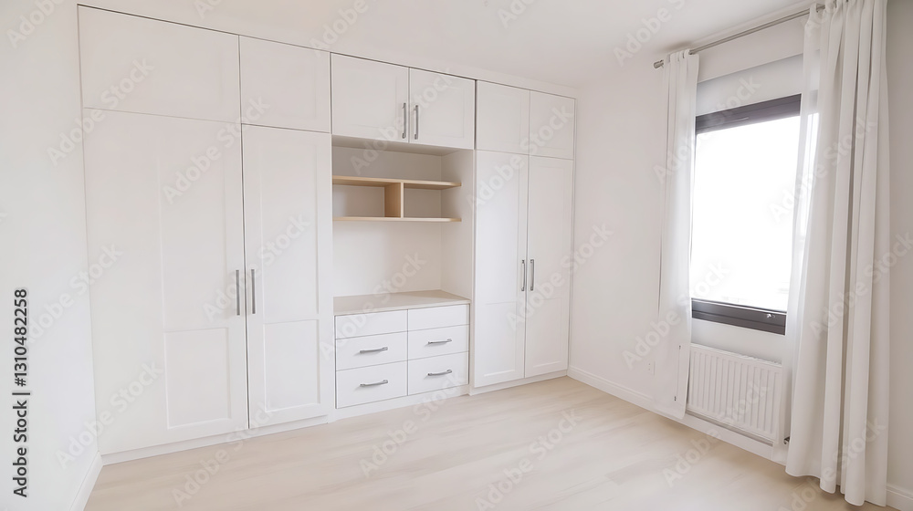 This image showcases an empty room corner, dominated by a color palette of simple white and light wood tones4 This image showcases an empty room corner, dominated by a color palette of simple white and light wood tones4