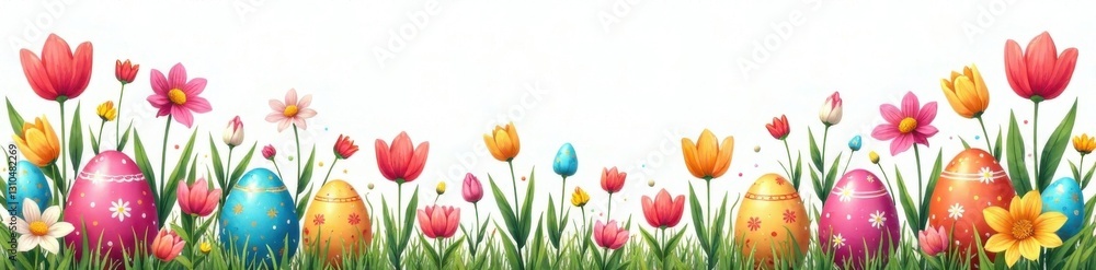 Fototapeta premium hand drawn spring doodle set background with colorful eggs and spring flowers, vector graphics, artisanal, eggs