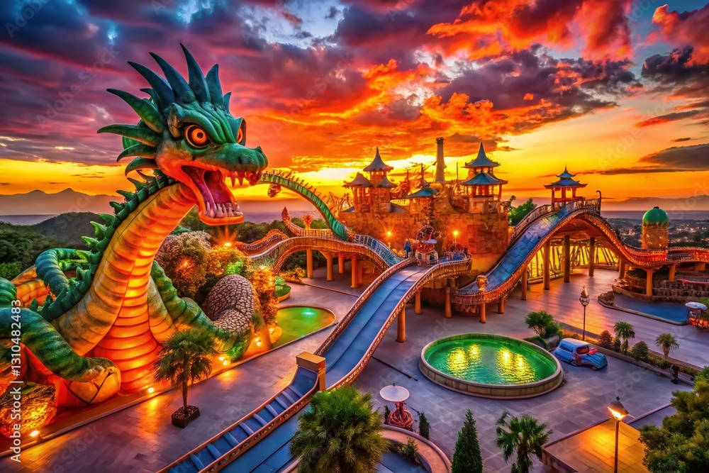 Obraz premium Epic Dragon Playground: Dusk Illumination, Slides, Climbing Frames & Dragon Sculptures