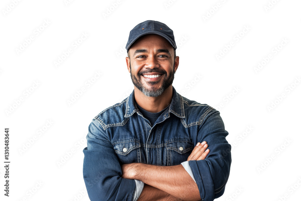 Confident man smiling with crossed arms while wearing a denim jacket and cap Confident man smiling with crossed arms while wearing a denim jacket and cap