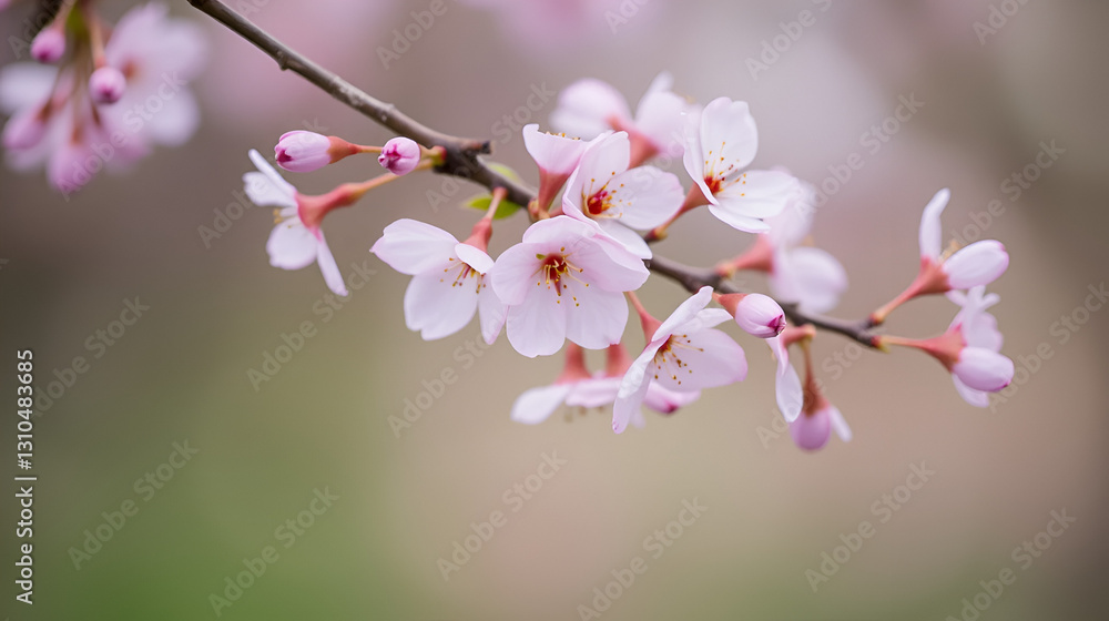 Obraz premium Soft pink blossoms on a branch with a blurred background.