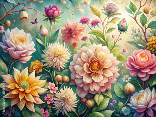 Ethereal Botanical Illustration: Hand-Drawn Flowers with High Depth of Field