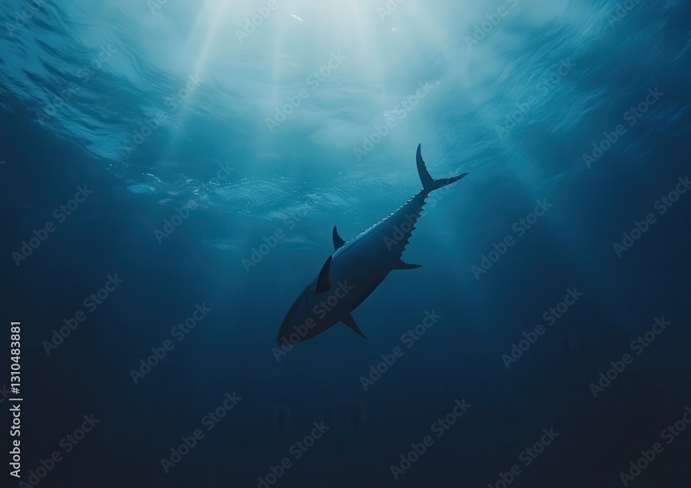Obraz premium Majestic Silhouette of a Fish Swimming in Deep Blue Ocean with Sunlight Streaming Through Water Surface and Creating Hypnotic Patterns