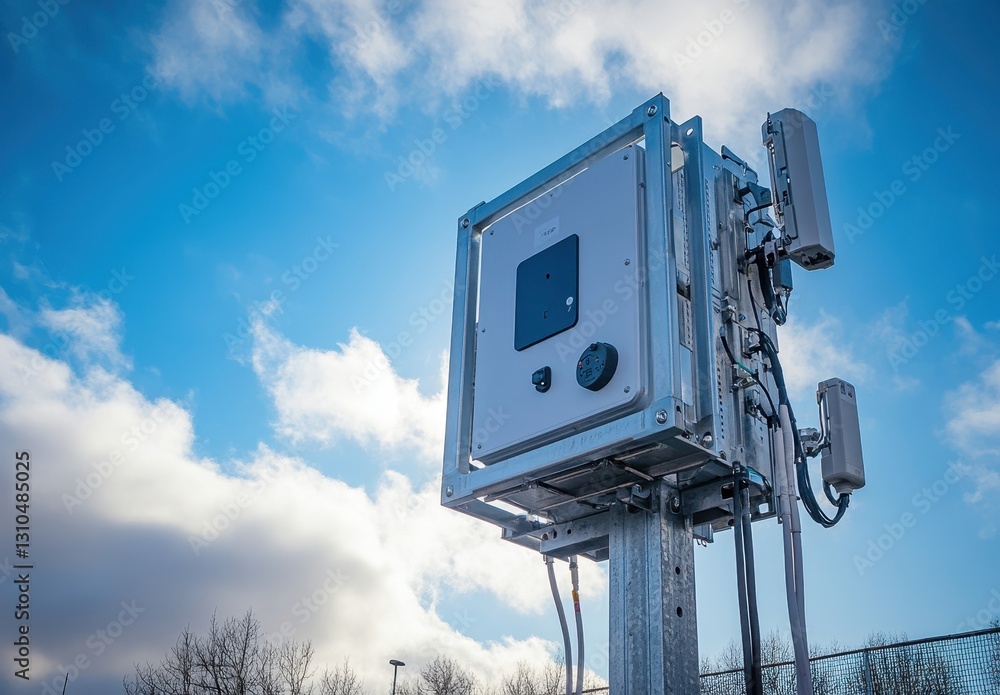 Modern Communication Tower with Equipment Against Clear Blue Sky and Fluffy Clouds at Sunrise in a Rural Area Modern Communication Tower with Equipment Against Clear Blue Sky and Fluffy Clouds at Sunrise in a Rural Area