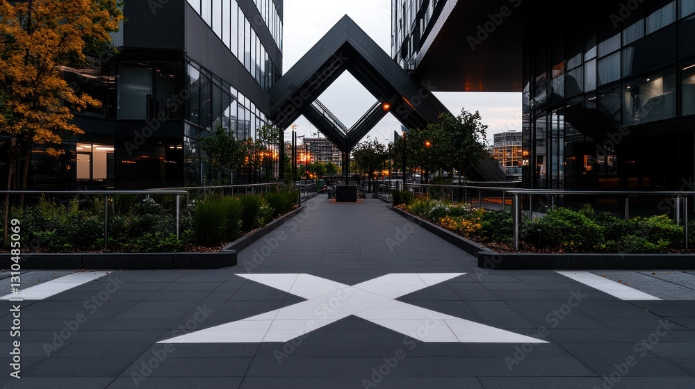 Modern Urban Architecture with Abstract Design and Green Landscaping in City Center at Dusk Modern Urban Architecture with Abstract Design and Green Landscaping in City Center at Dusk