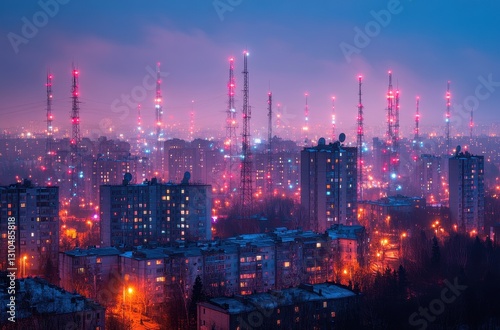Wallpaper Mural Nighttime Cityscape with Communication Towers Illuminated by Colorful Lights Displaying Urban Technology and Industrial Infrastructure in a Dusk Setting Torontodigital.ca