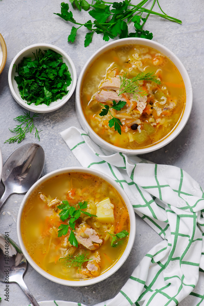 Traditional Russian rassolnik soup with pork and pickles .style rustic Traditional Russian rassolnik soup with pork and pickles .style rustic