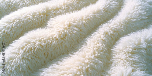 luxurious close-up texture of soft fluffy white wool fibers in wavy patterns for cozy background or overlay design