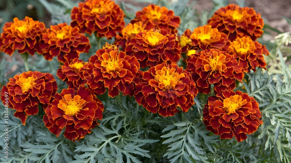 Vibrant Red Orange Marigolds Blooming in Garden Vibrant Red Orange Marigolds Blooming in Garden