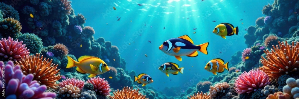School of colorful fish swimming together in a coral reef, with seaweed and seashells around them , marine life, tropical, reef School of colorful fish swimming together in a coral reef, with seaweed and seashells around them , marine life, tropical, reef