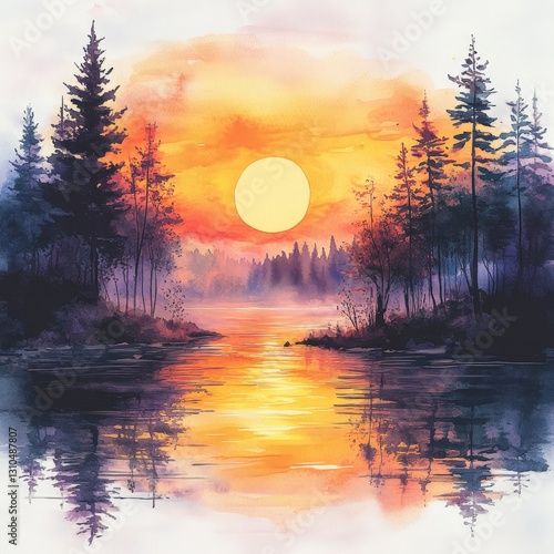 Watercolor Sunset Painting for Calming and Artistic Decor