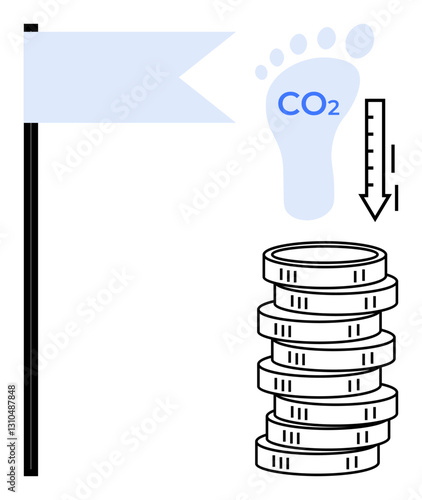 Footprint marked CO2, vertical arrow, coins stack, and flagpole. Ideal for sustainability, efficiency, eco-friendly practices, cost reduction, climate action carbon management flat simple metaphor