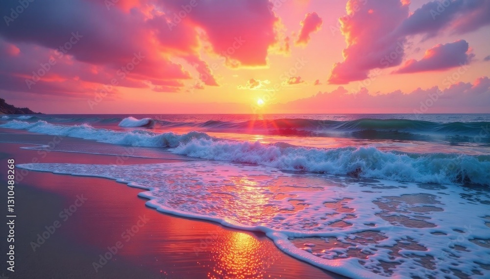 Seashore scene with pink and orange sunset waves, pink, horizon, seashore Seashore scene with pink and orange sunset waves, pink, horizon, seashore