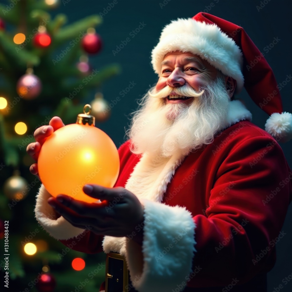 Joyful Santa Claus with glowing Christmas ball, winter, snowflake, festive Joyful Santa Claus with glowing Christmas ball, winter, snowflake, festive