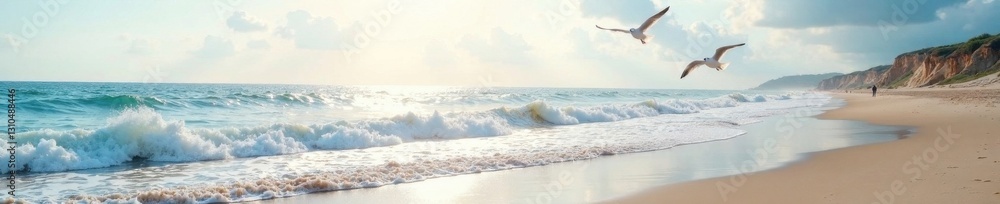 Fototapeta premium Peaceful beach scene with sea gulls flying over waves, ocean, scenic, gulls