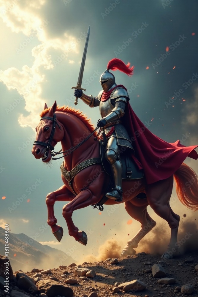 Naklejka premium knight in armor charging at dragon with sword drawn , wildlife, knight, combat