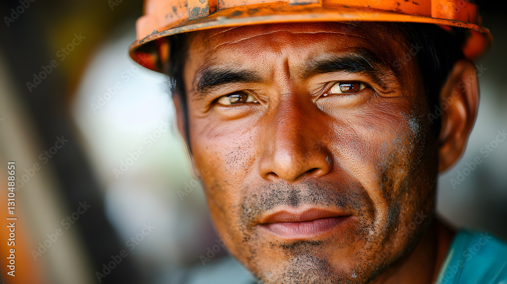 A close-up of a hardworking man in an orange helmet, embodying strength and determination amidst a rugged landscape. A close-up of a hardworking man in an orange helmet, embodying strength and determination amidst a rugged landscape.