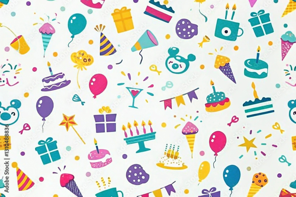 Colorful birthday party seamless pattern with icons of cake, balloons, gifts, and more. Colorful birthday party seamless pattern with icons of cake, balloons, gifts, and more.