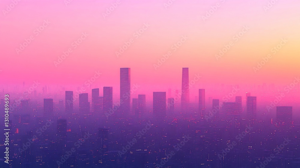 Pink Sunset Cityscape, Hazy Skyline View Pink Sunset Cityscape, Hazy Skyline View