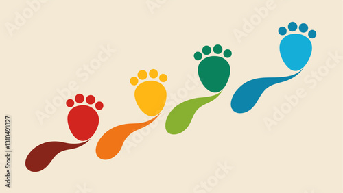 Symbolic Footprints An of diverse footprints leading forward symbolizing the journey towards racial equality and justice each print a different color.
