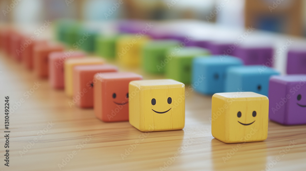 中間色のテーブルの上にカラフルなブロックの列が並んでおり、肯定的な笑顔の顔が描かれている。背景はぼかされています。