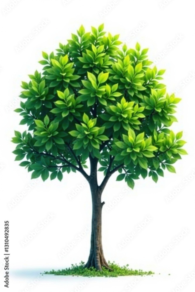 Single tree with dense green leaves against a white background, leaf, foliage, evergreen Single tree with dense green leaves against a white background, leaf, foliage, evergreen