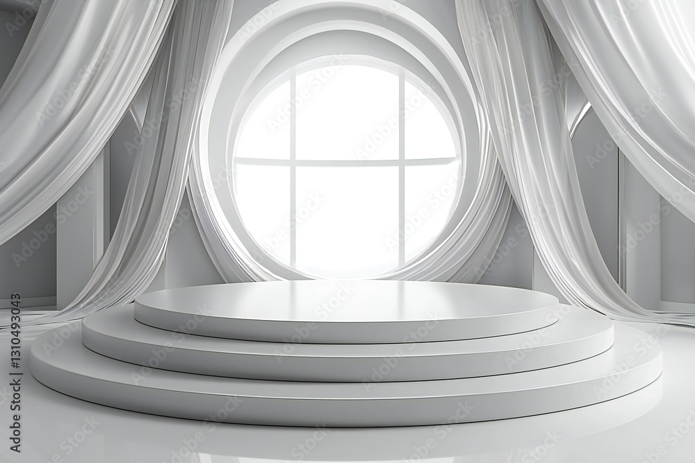 Fototapeta premium Product Display, Podium, Elegant White Circular Podium Display with Draped Curtains and Oval Window