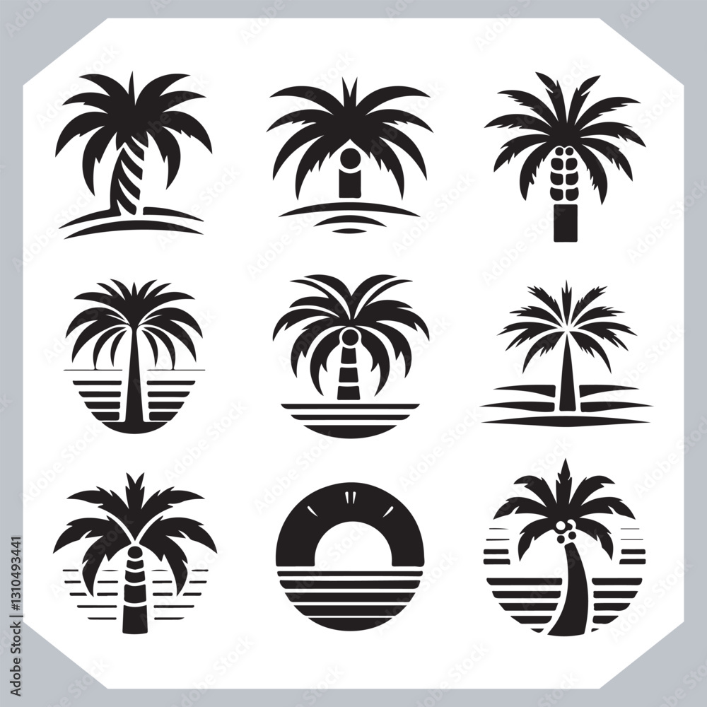 Obraz premium Professional Palm Trees Silhouette and Coconut Tree Vector Logos Black Simple Designs