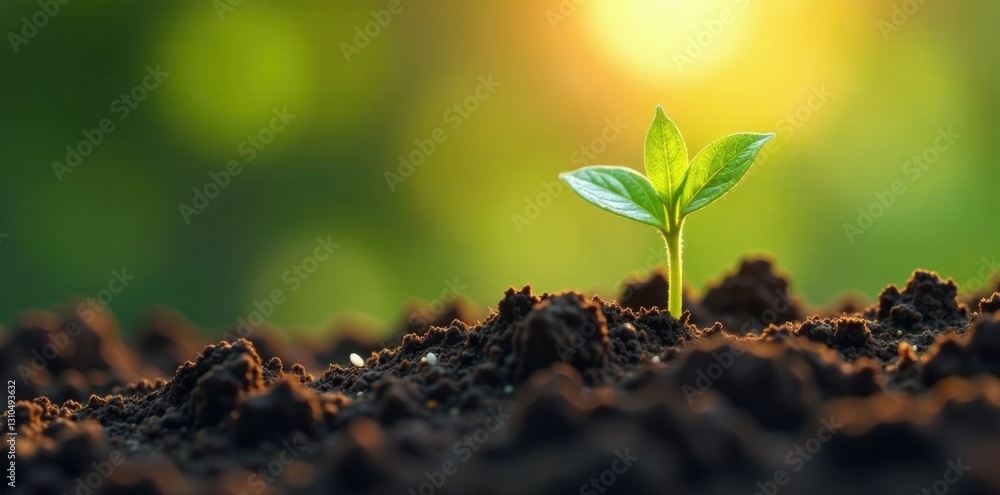 Small green sprout emerging from earth in sunlight, shoot, photosynthesis, sunlight Small green sprout emerging from earth in sunlight, shoot, photosynthesis, sunlight
