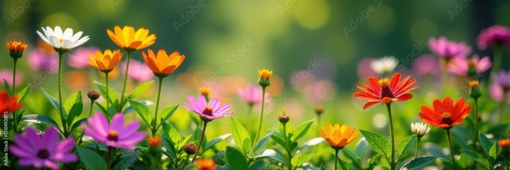 Naklejka premium Wildflowers blooming in a lush and vibrant garden, bouquet, flowers, greenery