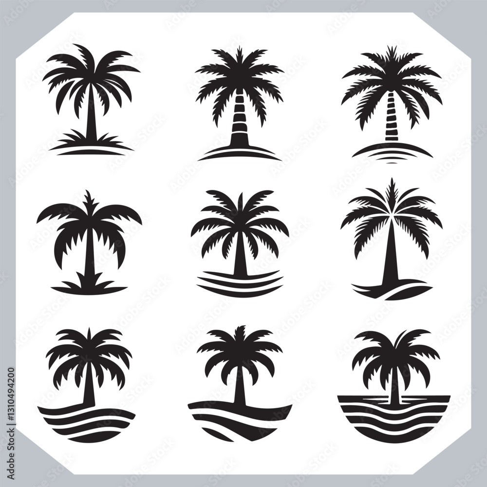 Professional Palm Trees Silhouette and Coconut Tree Vector Logos Black Simple Designs