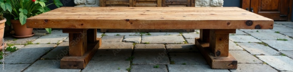 Wooden table with rustic design features, set on a natural stone floor, room, dining, rustic Wooden table with rustic design features, set on a natural stone floor, room, dining, rustic