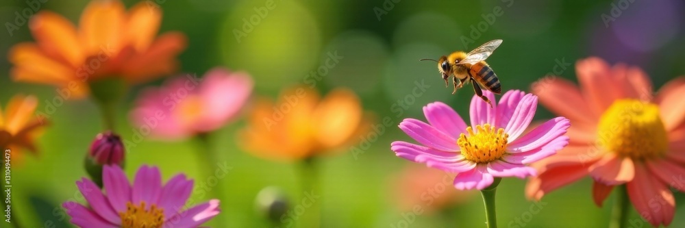 Yellow bee flying above colorful flowers in a garden , bee, garden, nature Yellow bee flying above colorful flowers in a garden , bee, garden, nature