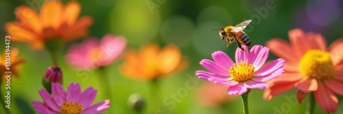 Yellow bee flying above colorful flowers in a garden , bee, garden, nature