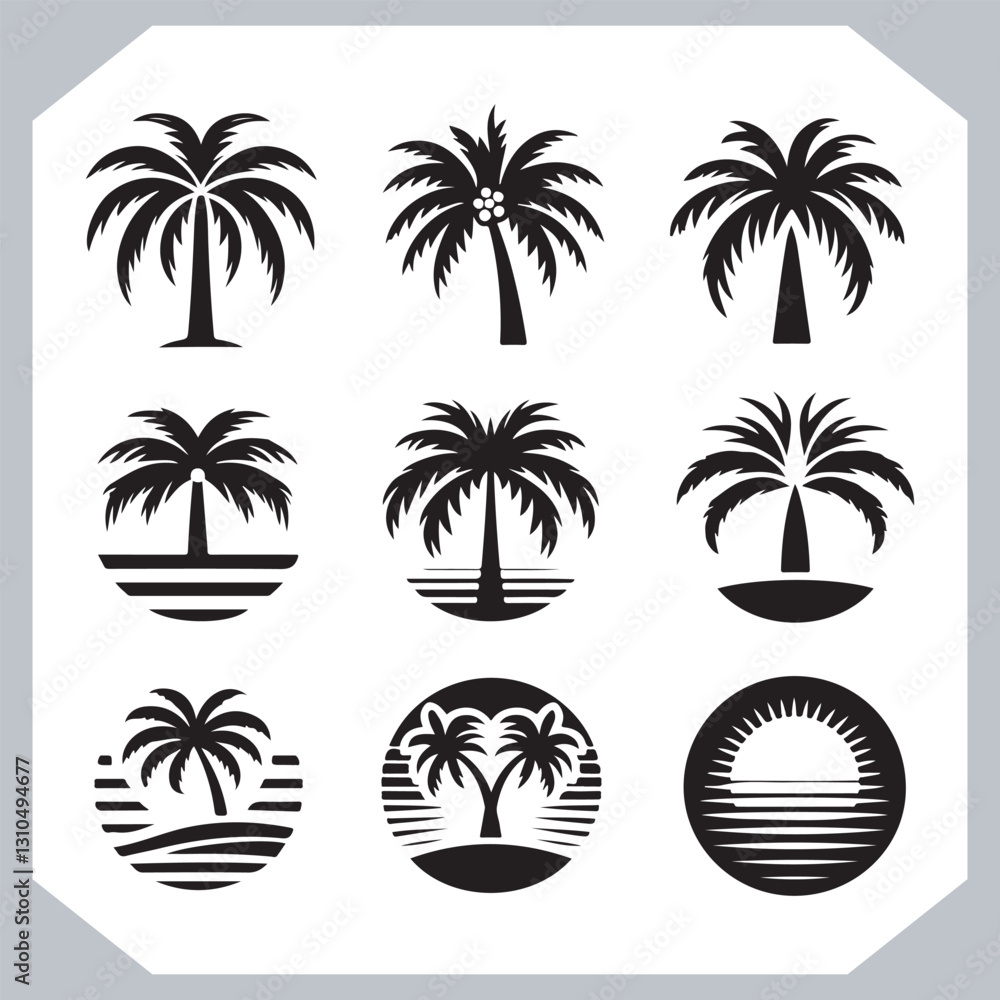 Obraz premium Professional Palm Trees Silhouette and Coconut Tree Vector Logos Black Simple Designs